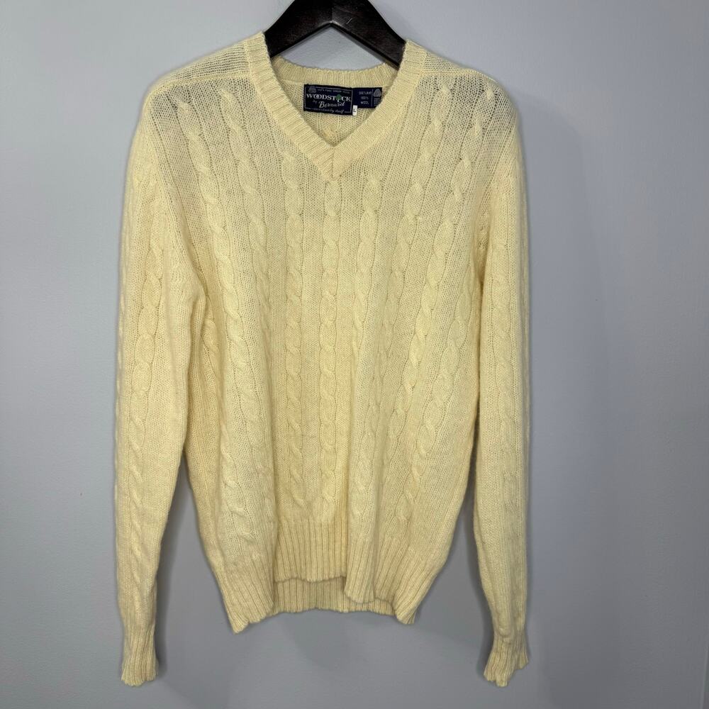 Woodstock by Bernard Sweater Wool V Neck Cable Knit Cream Men's L Preppy